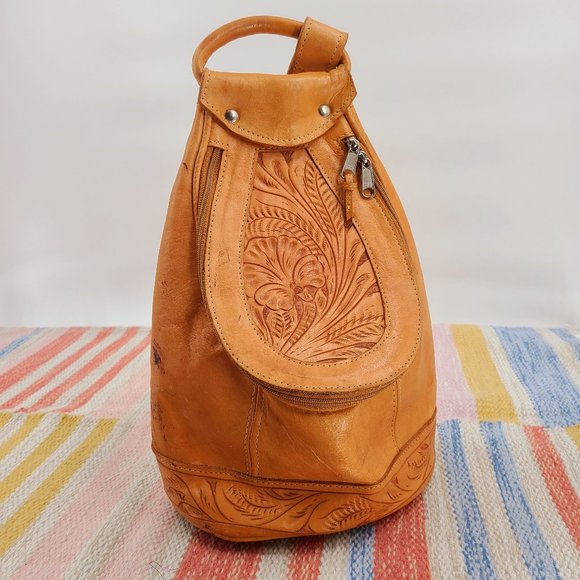Vintage Handbags - Vintage Leather Boho Sling Backpack Bucket Bag